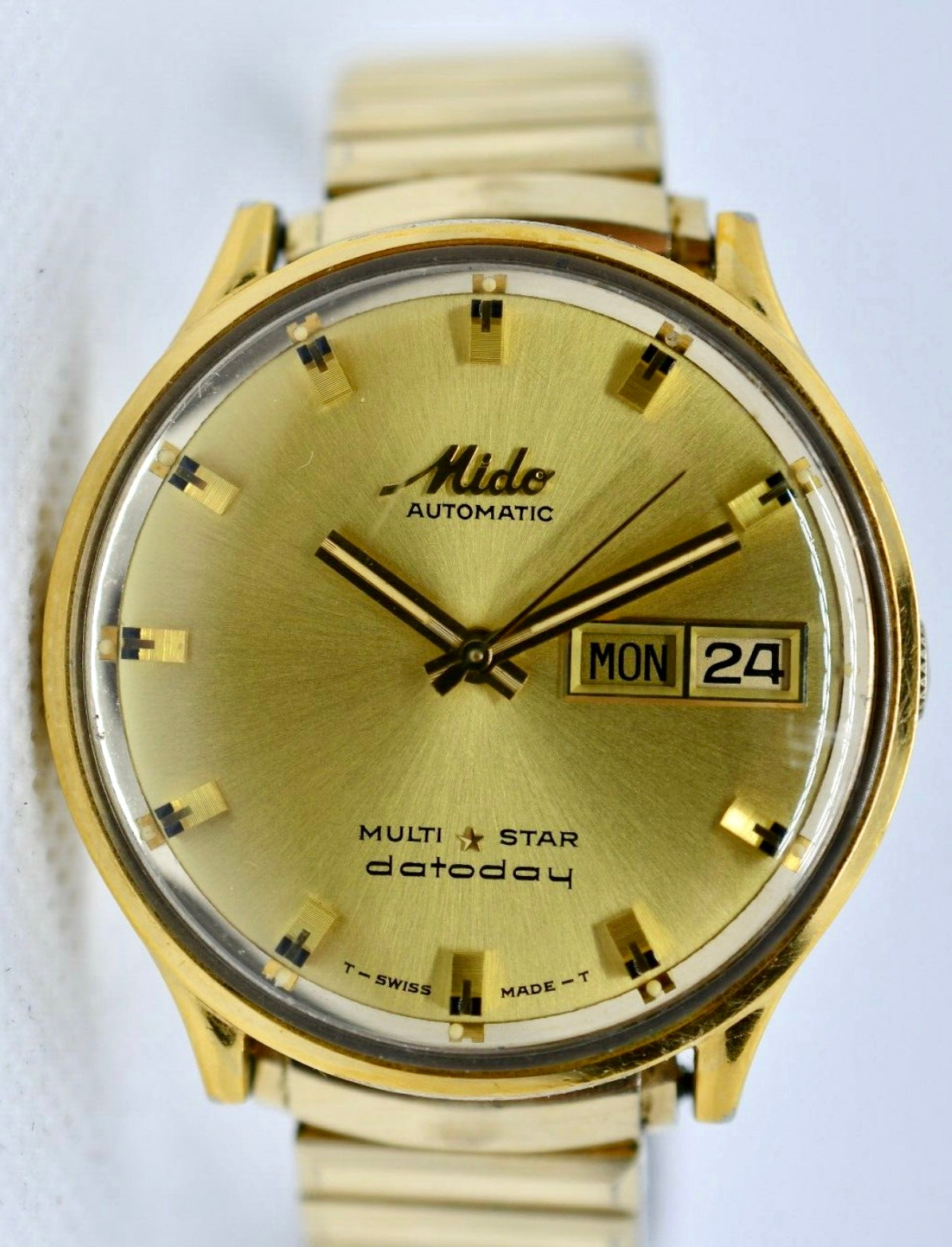 MIDO OCEAN STAR DATODAY GOLD DIAL GOLD PLAQUE CASE DAY DATE STRAP WATCH BOX  SET